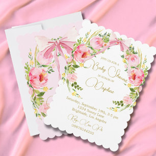 Baby Shower Floral Crest Regency Pink Bow Invitation