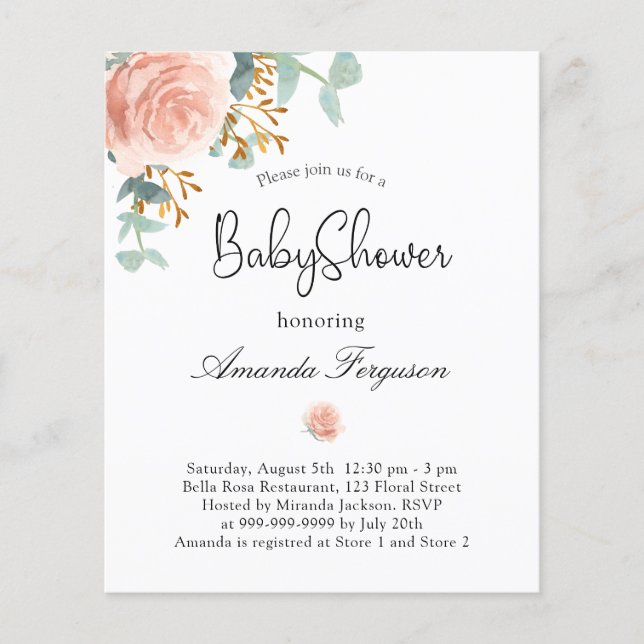 Baby Shower floral eucalyptus budget invitation (Front)