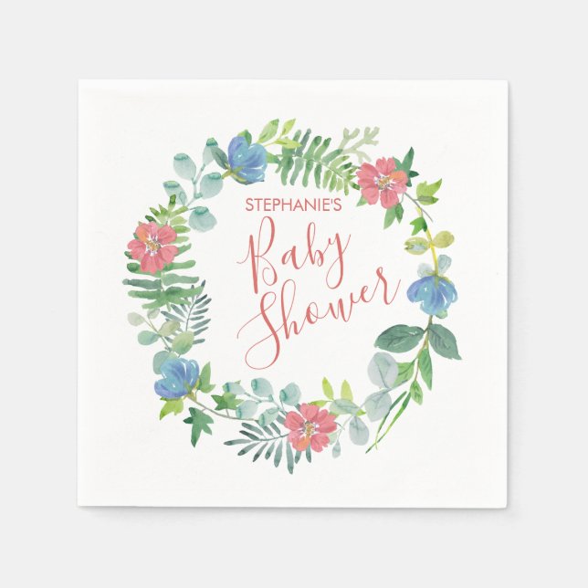 Baby Shower Floral Eucalyptus Wreath Watercolor Napkin (Front)