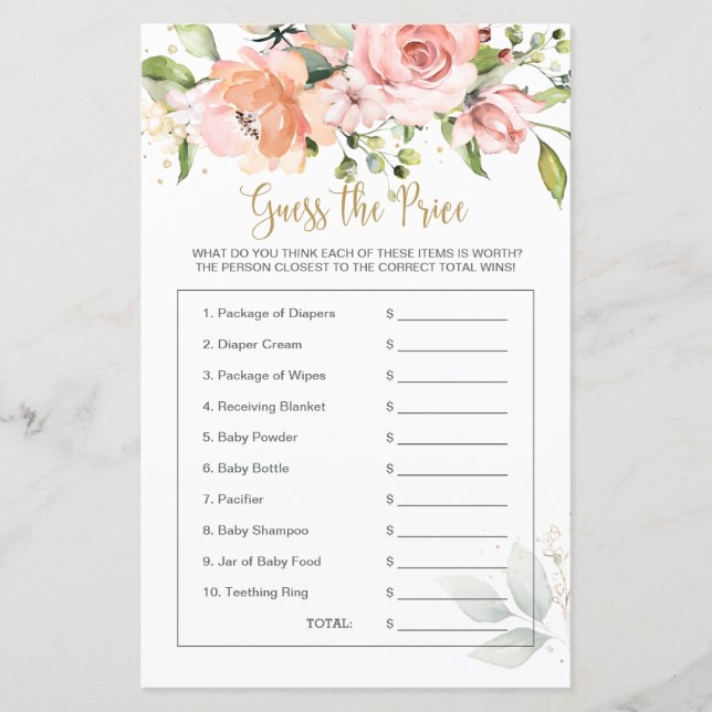 Baby Shower Floral Guess the Price Game (Front)