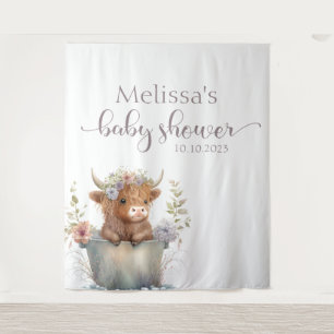 Baby Shower floral highland cow Backdrop  Tapestry