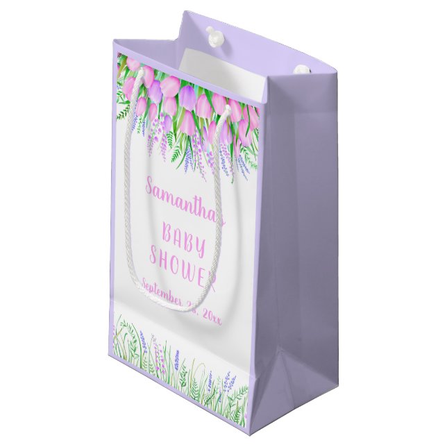 Baby Shower Floral Lavender Pink Tulips Small Gift Bag (Front Angled)