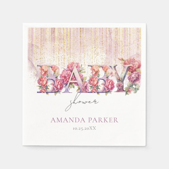 Baby Shower Floral Letters Pink Gold Personalised Napkin (Front)