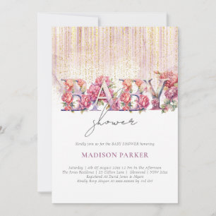 Baby Shower Floral Pink Gold Glitter Invitation