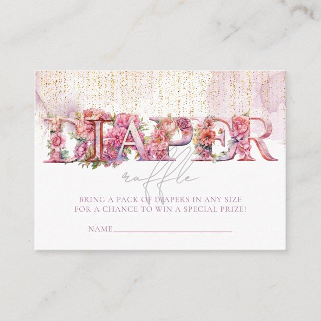 Baby Shower Floral Pink Letters Diaper raffle Enclosure Card (Front)