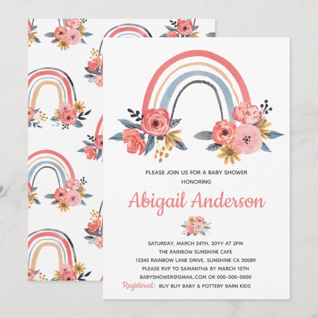 Baby Shower Floral Rainbow Stylish Watercolor Invitation (Front/Back)
