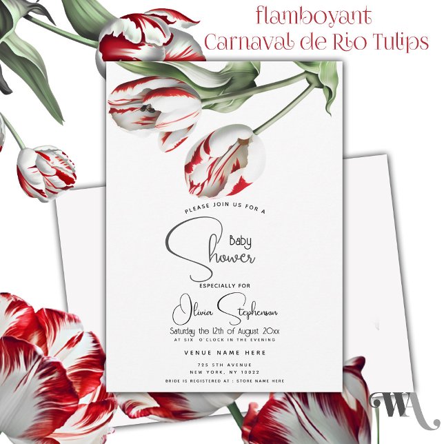 Baby Shower| Floral Red and White Rembrandt Tulips Invitation ( Brilliant & joyful red and white tulips welcome the upcoming blessed event!)