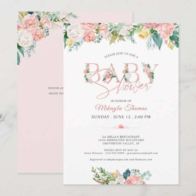 Baby Shower Floral Rose Gold Pink Blush Typography Invitation (Front/Back)