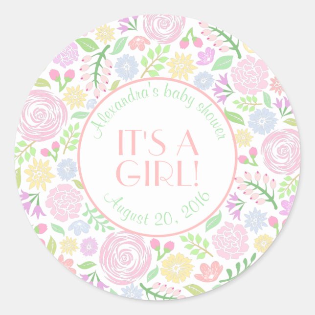 Baby Shower Floral Round Sticker, Glossy Classic Round Sticker (Front)