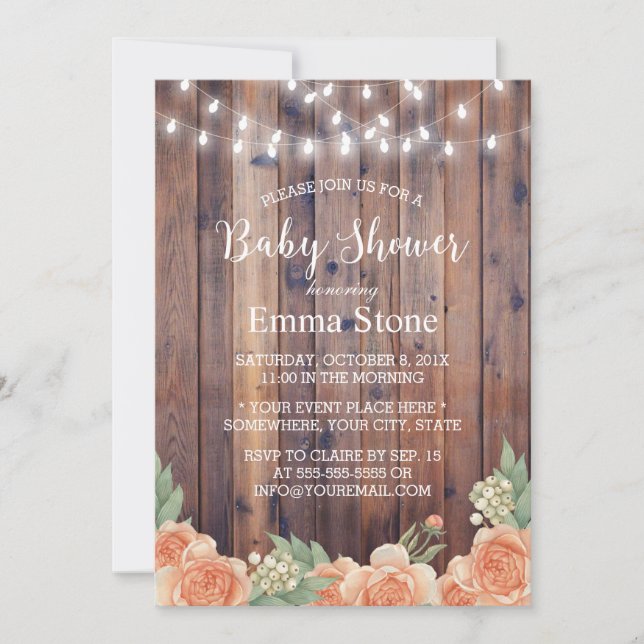 Baby Shower Floral Rustic Wood String Lights Invitation (Front)