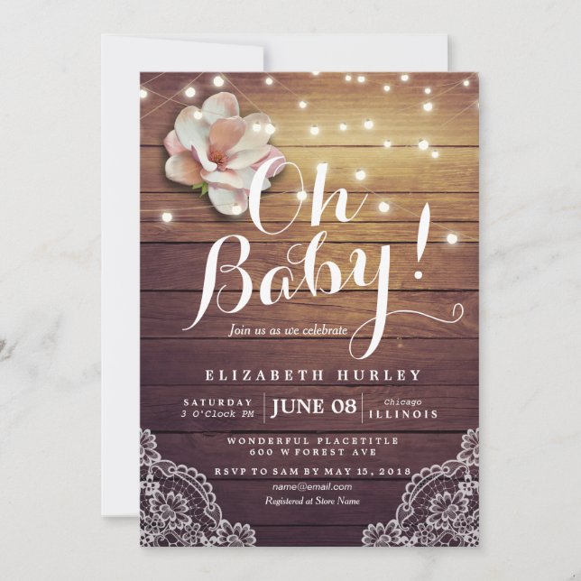 Baby Shower Floral String Lights Rustic Wood Lace Invitation (Front)