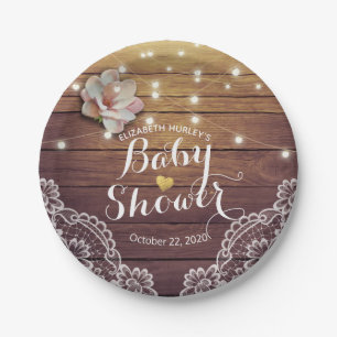 Baby Shower Floral String Lights Rustic Wood Lace Paper Plate