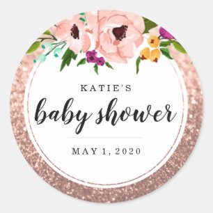 Baby Shower Flower Crown Glitter Pink Rose Gold Classic Round Sticker