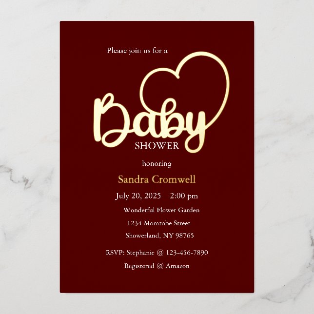 Baby Shower Foil Invitation, Script, Heart (Front)