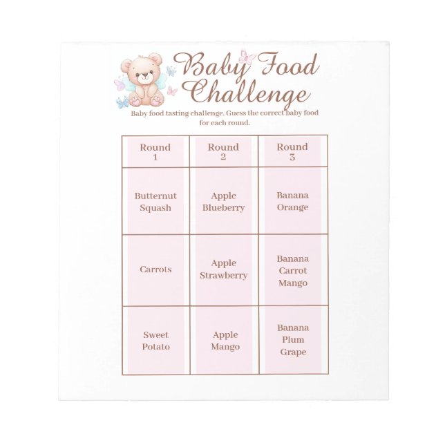 Baby Shower Food Challenge Game Activity Notepad (Front)