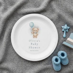 Baby Shower for Boy Blue Balloon , Teddy Bear Bow Paper Plate