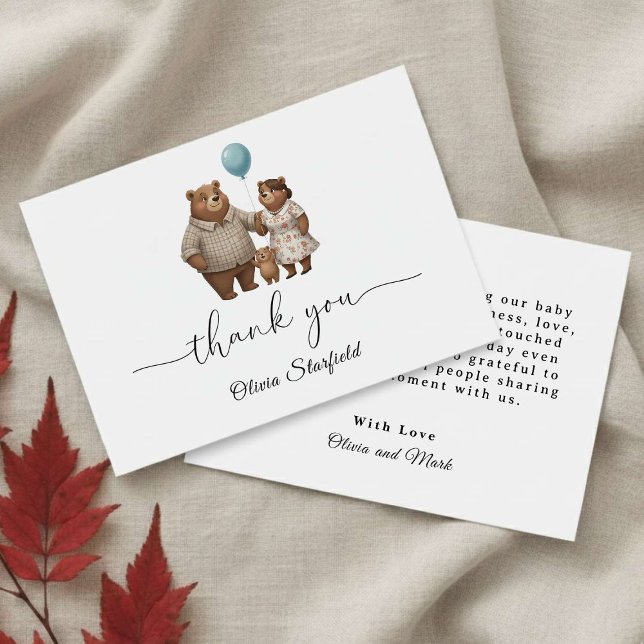Baby Shower for Boy Blue Balloon Teddy Bear Thank You Card (Creator Uploaded)