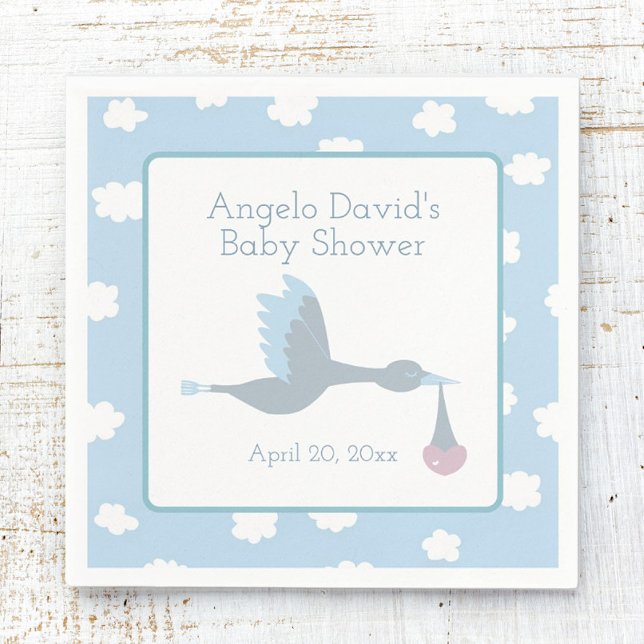 Baby Shower for Boy Stork with Blue Sky and Clouds Napkin (Baby Shower Napkin Stork)