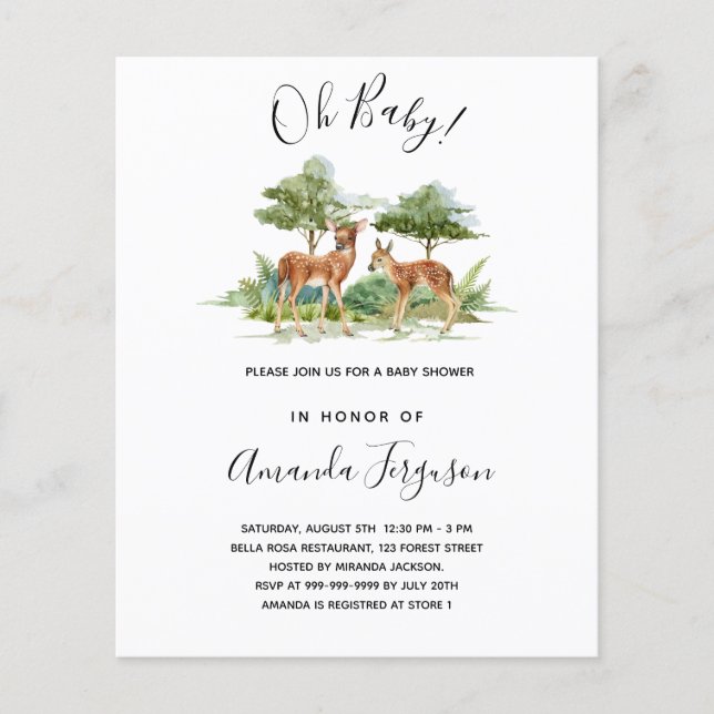 Baby shower forest animals deer budget invitation (Front)
