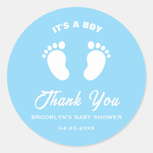 Baby Shower Fun Trendy Its A Boy Blue White Feet Classic Round Sticker