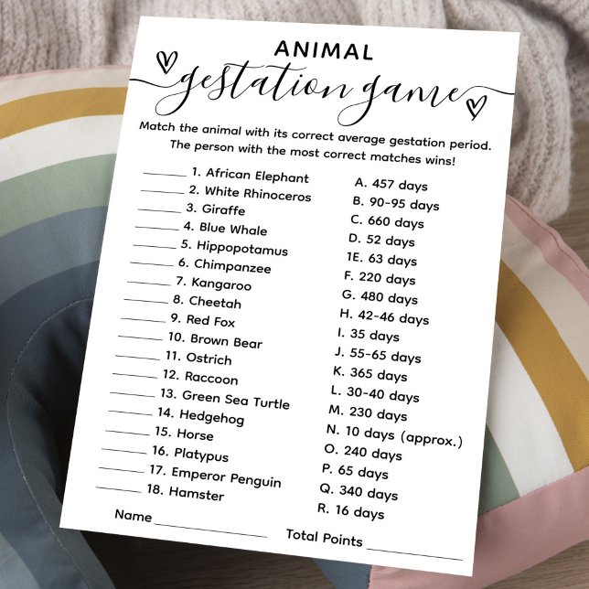 Baby Shower Game Animal Gestation Card (Creator Uploaded)