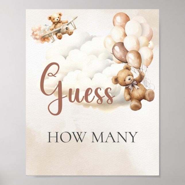 Baby Shower Game GUESS HOW MANY Bear Balloons Poster (Front)