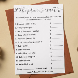 Baby Shower Game Guess The Price is Exact Card