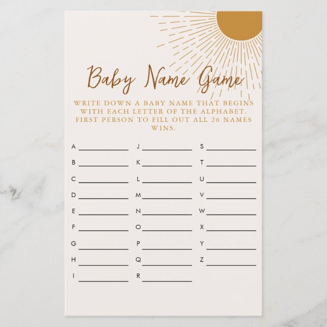 Baby Shower Game Here Comes The Son Name Game (Front)