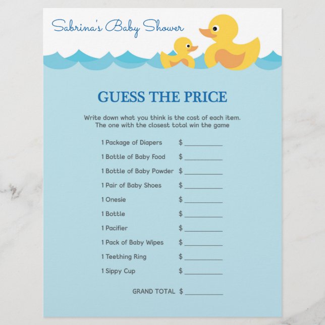 Baby Shower Game in Cute Rubber Duck Theme (Front)