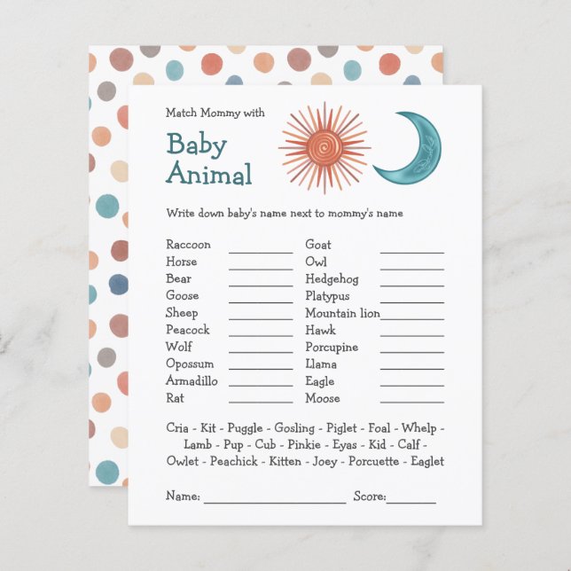 Baby Shower Game Match Mummy & Baby Boho Sun Moon (Front/Back)