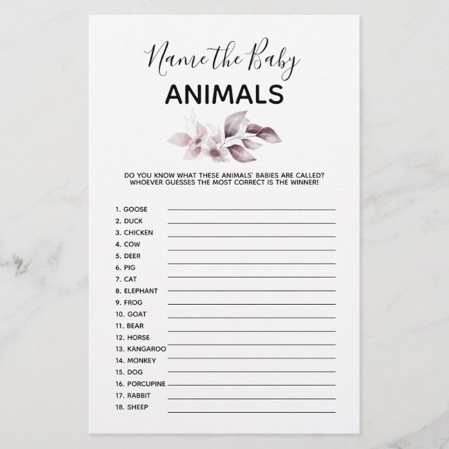 Baby Shower Game - Name the Baby Animals (Front)