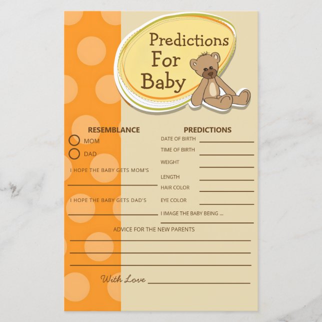 Baby Shower Game Vintage Teddy Bear Predictions (Front)