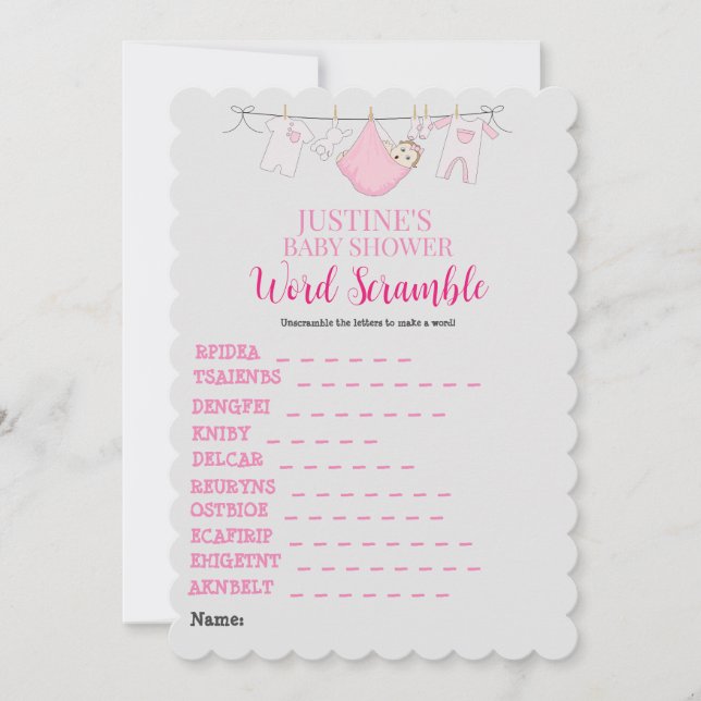 Baby Shower Game Word Scramble Invitation Cards (Front)