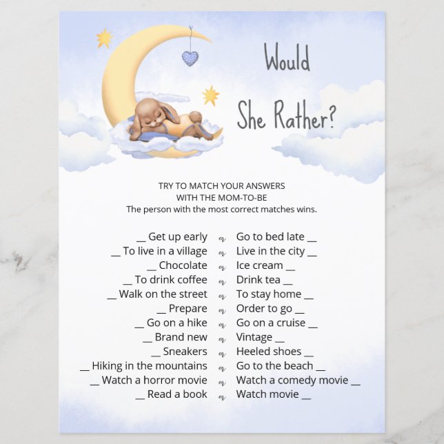 Baby shower game "Would she prefer?" (Front)