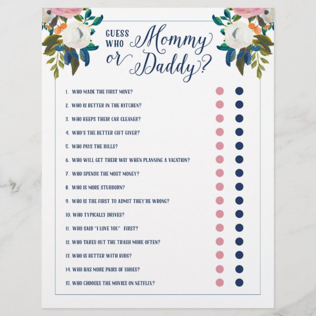 Baby Shower Games - Guess Who Mummy or Daddy (Front)
