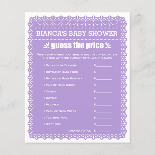 Baby Shower Games in Purple Papel Picado (Front)
