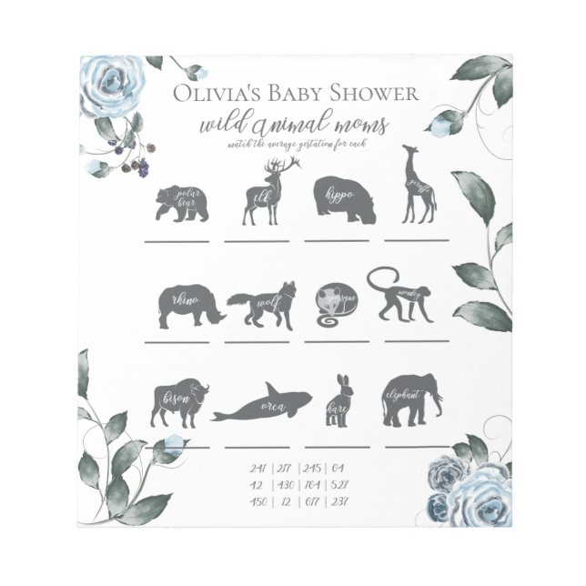 Baby Shower Games Watercolor Dusty Blue Floral Notepad (Front)