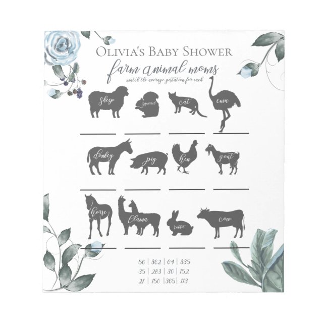 Baby Shower Games Watercolor Dusty Blue Floral Notepad (Front)