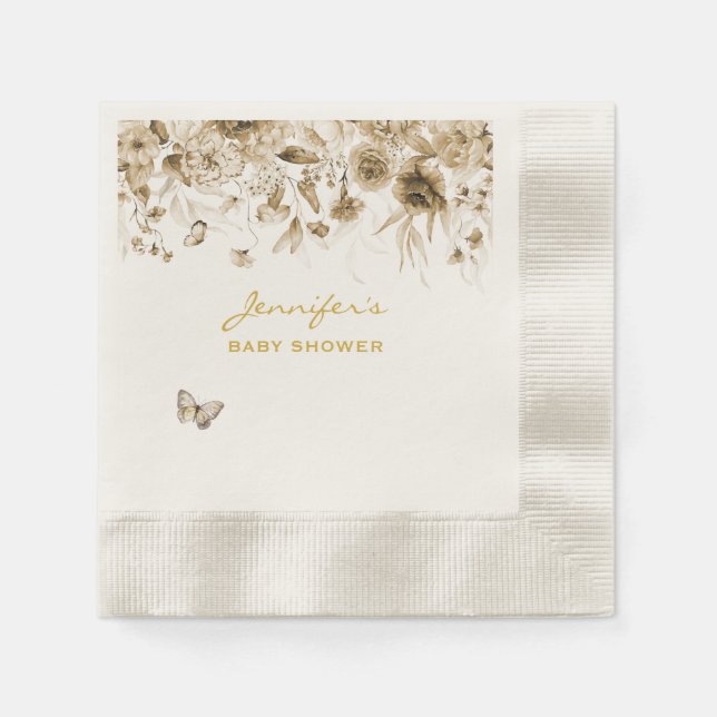 Baby Shower Garden Sepia Florals Coined Cocktail Napkin (Front)
