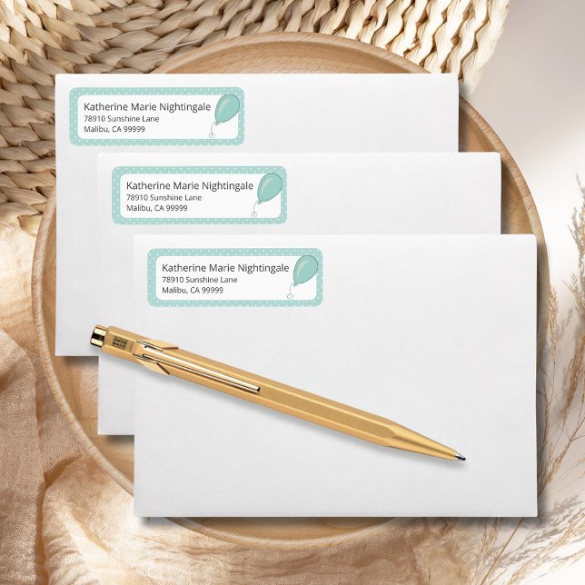 Baby Shower Gender Neutral Mint Green BOHO (Baby Shower Mint Green Gender-Neutral Return Address Label with white polka dots, balloon.)