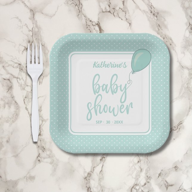 Baby Shower Gender Neutral Mint Green Paper Plate (Baby Shower Gender-Neutral Mint Green Paper Plate with Polka Dots, Balloon, Mother's Name, Date.)