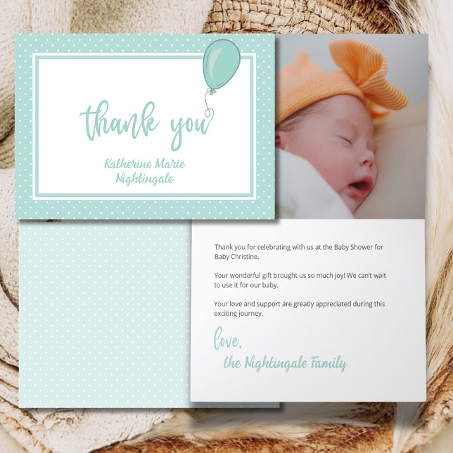 Baby Shower Gender Neutral Photo BOHO Green Thank You Card (Baby Shower gender-neutral boho mint green photo thank you card with baby photo, polka dots, balloon)
