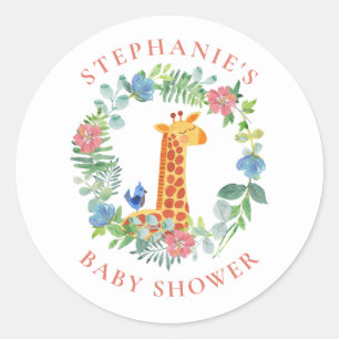 Baby Shower Giraffe Floral Wreath Personalized Classic Round Sticker