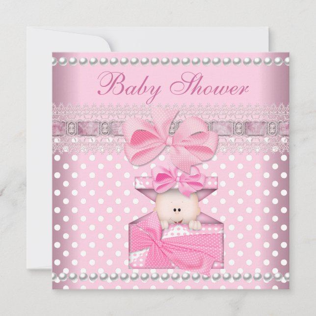 Baby Shower Girl Baby Pink Gift Spot Pearl Lace Invitation (Front)