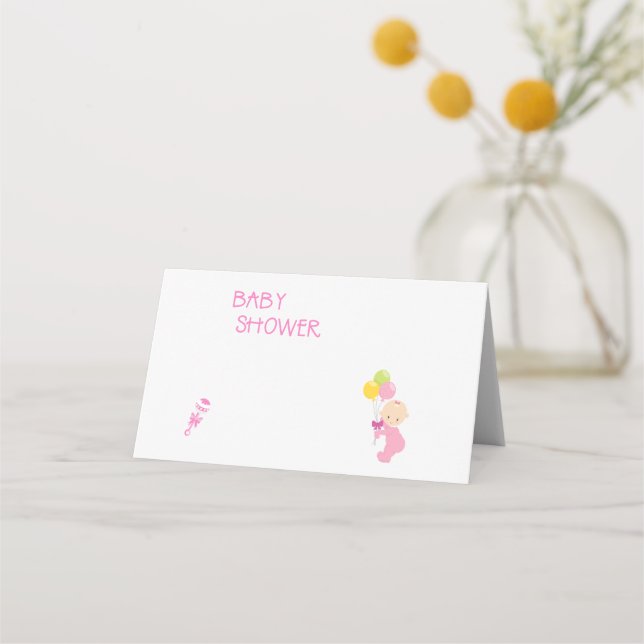 Baby Shower Girl Balloons Pink Rattle Place Card (Front)