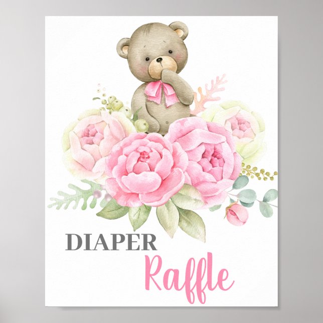 Baby Shower Girl Bear Diaper Raffle sign (Front)