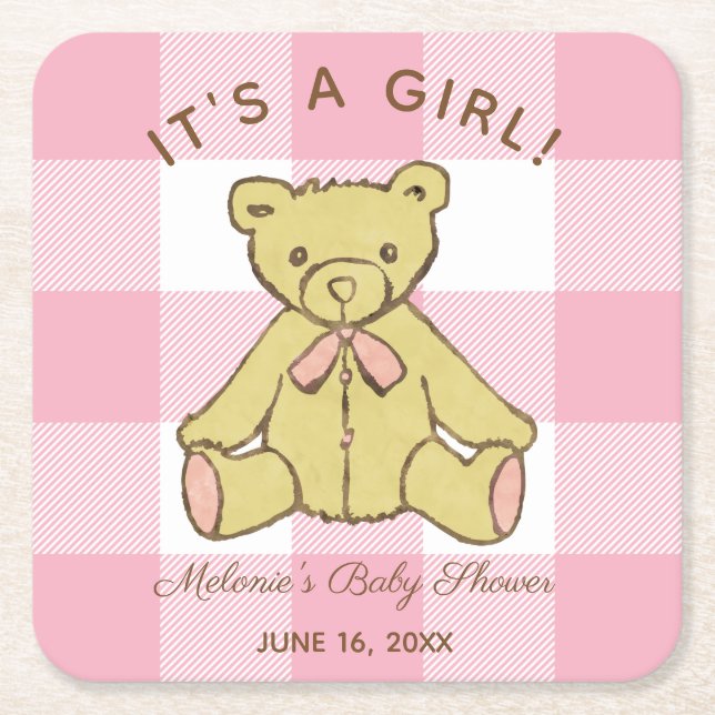 Baby Shower Girl Bear with Name and Date Square Paper Coaster (Front)