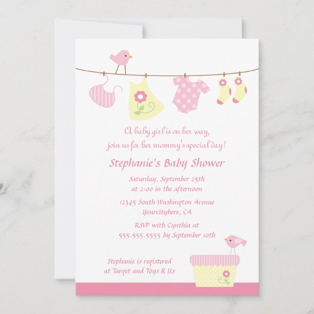 Baby shower girl birds laundry party invitation (Front)