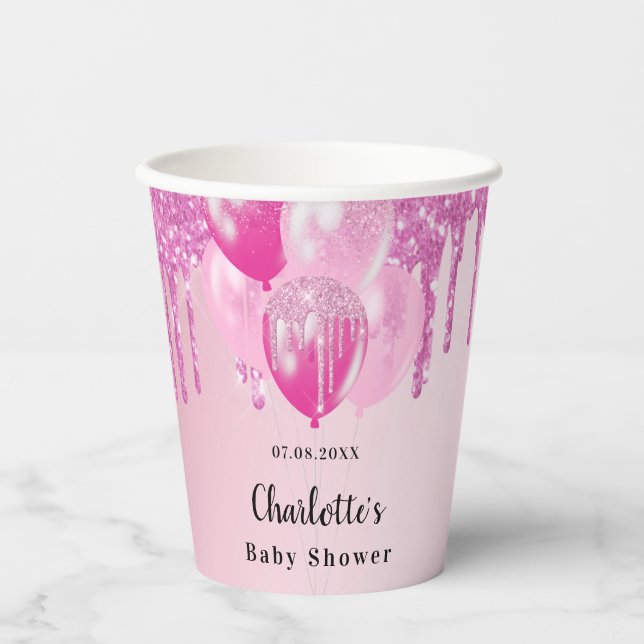 Baby Shower girl blush pink glitter balloons  Paper Cups (Front)