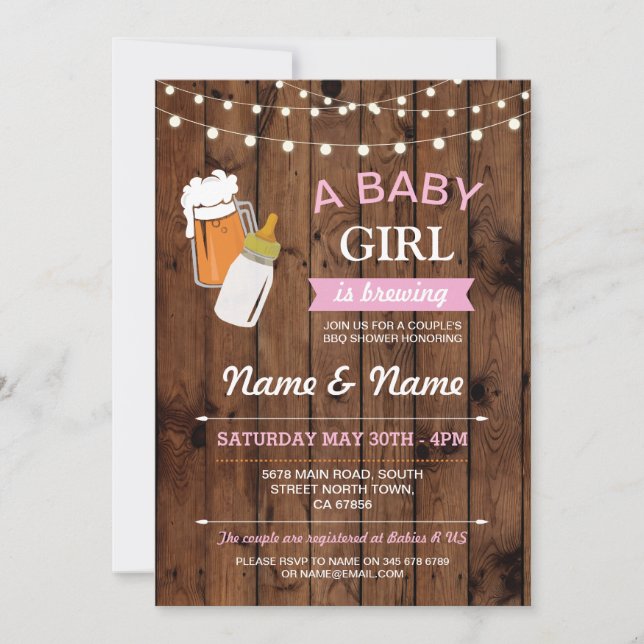 Baby Shower Girl Brewing Beer Pink Wood BBQ Invite (Front)
